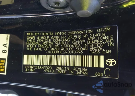 2024 Toyota Corolla Hybrid Le из США, поврежденный, VIN JTDBDMHE2RJ010993